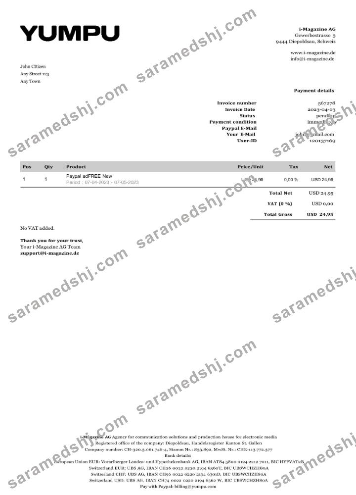 Switzerland Yumpu invoice Word and PDF template